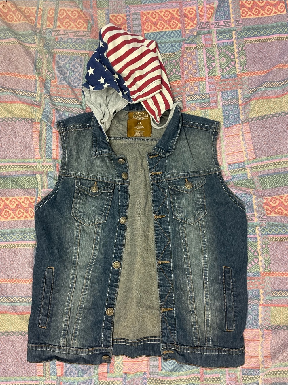 Denim Sleeveless Vest with USA Flag Hood premium denim size XL